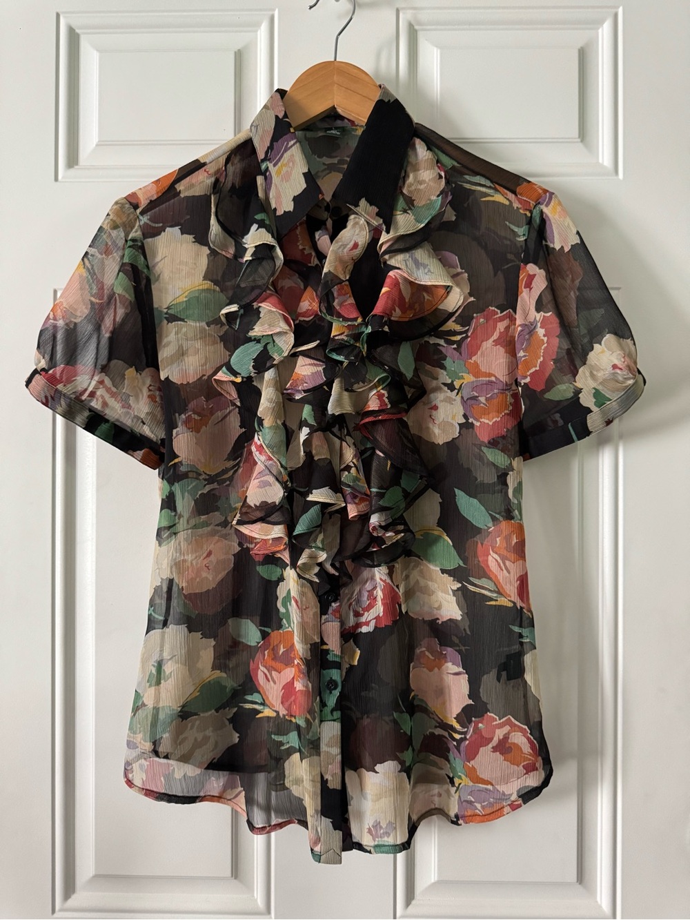 Lauren Ralph Lauren Black Sheer Floral Ruffle Blouse
